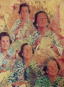 1972 multiple image portrait of Lillian Baube doing embroidery