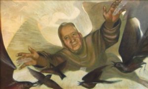 Father Abbott (1961). Charles Marchant Stevenson paints his boyhood mentor as an angelic presence, arms outstretched in blessing, healing light radiating from his palms. Egg tempera (22”x 36”). SKU: CS196100*