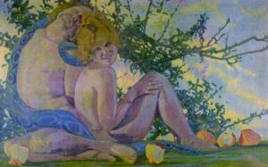 Adam and Eve by Charles Marchant Stevenson (1974). Acrylic on canvas covered wood panel. SKU: CS197410