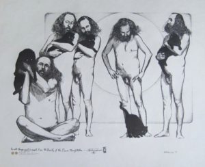 Chester Anderson: Beauty of the Divine Manifestation by Charles Marchant Stevenson (1975). inscription is in Chester Anderson's hand: "In all things, great and small, I am the Beauty of the Divine Manifestation." In Charles Marchant Stevenson's multiple portrait of Chester Anderson, the artist refers to Renaissance allegorical painting in which the figure of Truth is presented naked, Truth having nothing to hide. Charles Marchant Stevenson is the illustrator of Chester Anderson's cinematic novel of Greenwich Village in 1964, Fox and Hare: the story of a Friday evening (Entwhistle Books, 1980). Pen and ink drawing, hand signed and dated, and pencil signed by Chester Anderson (20” x 24”). Full size lithograph reproduction: SKU: CS197555