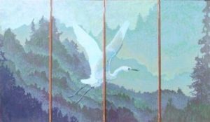 Dawn on Big River is a four-panel screen by Matt Leach and Charles Marchant Stevenson (1990). The vantage is high above Big River southeast of Mendocino village. The reverse image is similar, but not identical. It is one of a small number of large double-sided folding screens created by Stevenson/Leach Studios. Medium: acrylic paint applied to gessoed cheesecloth on wood panels, with brass hardware. SKU: CS199020